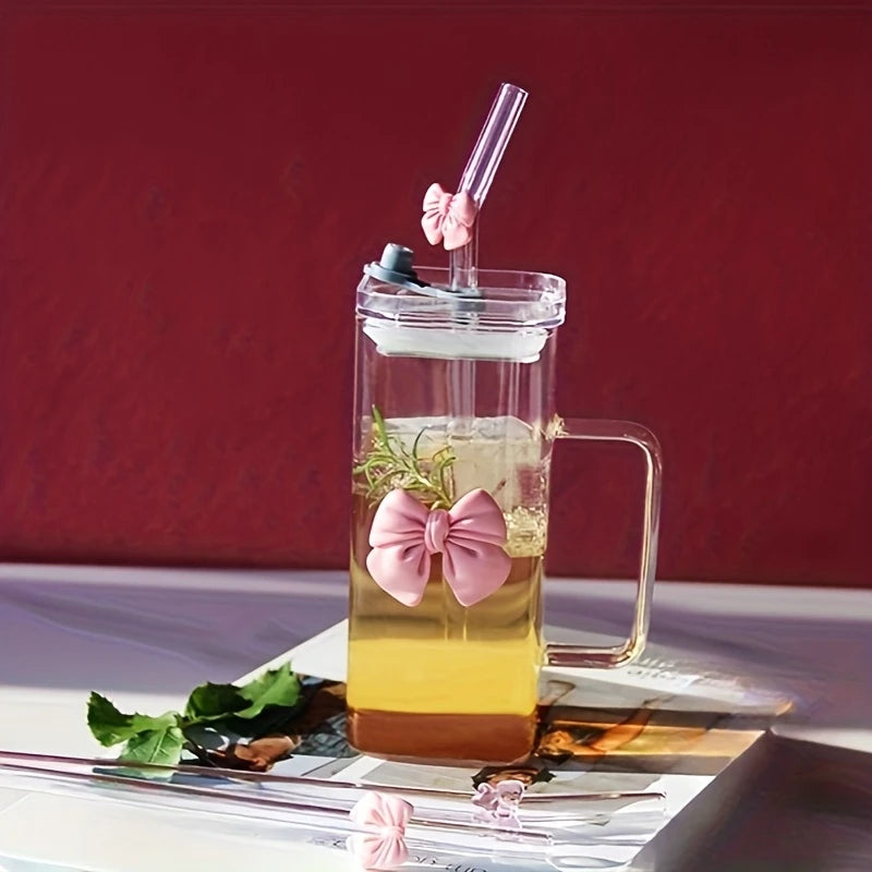 1pc Cute Bow Glass Cup with Handle and Straw Lid