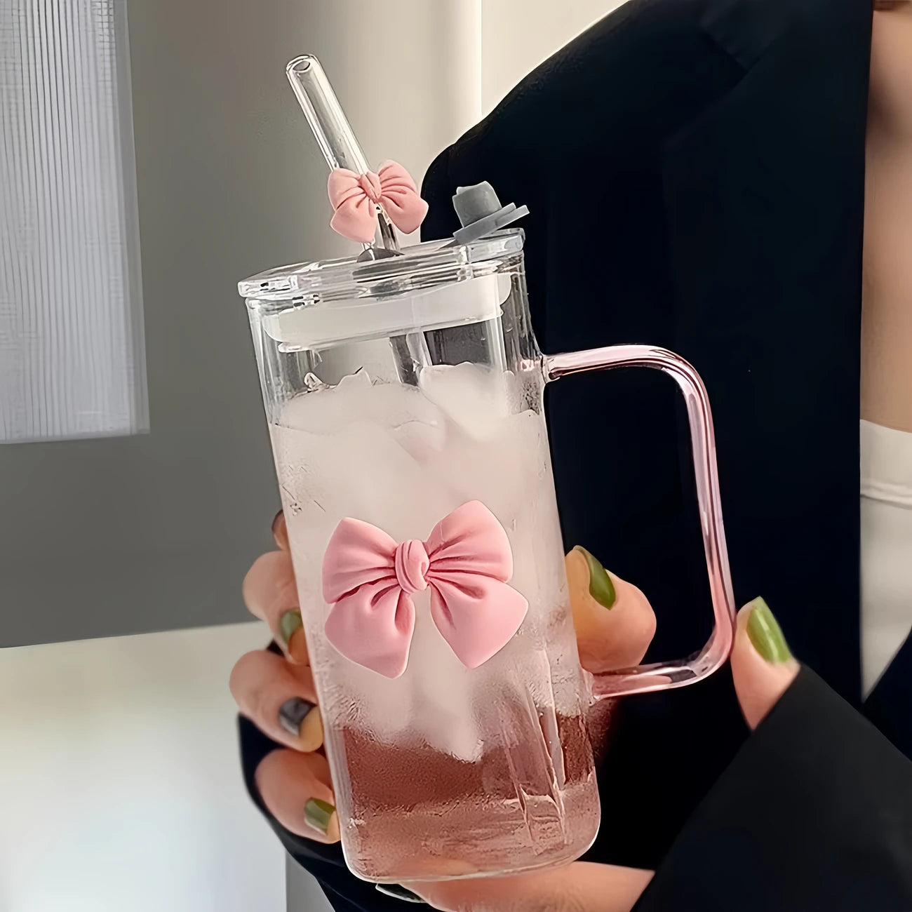 1pc Cute Bow Glass Cup with Handle and Straw Lid