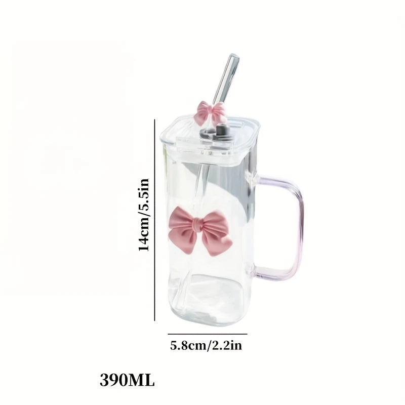 1pc Cute Bow Glass Cup with Handle and Straw Lid
