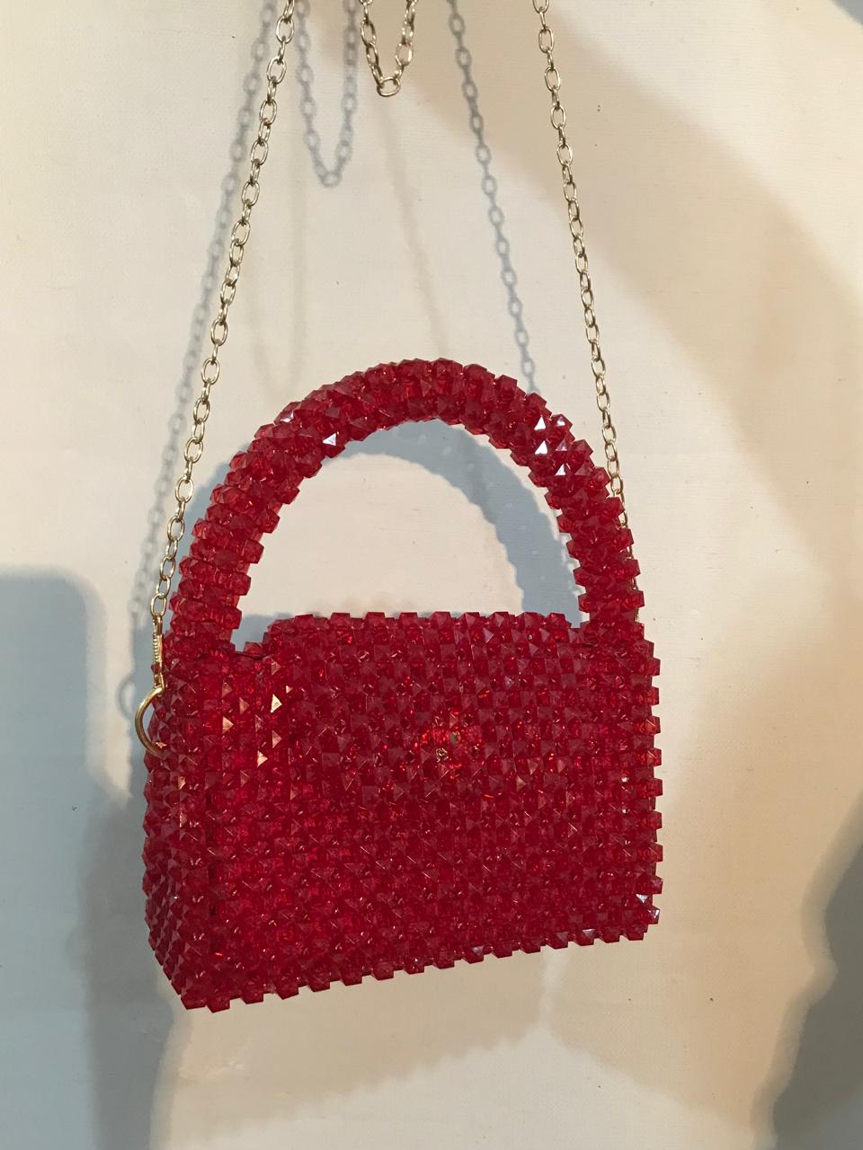 Red crystal Beaded Evening Clutch with Floral Handle