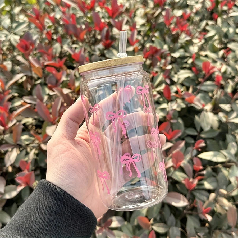 1pc 16oz Pink Bow Plastic Tumbler with Bamboo Lid And Straw