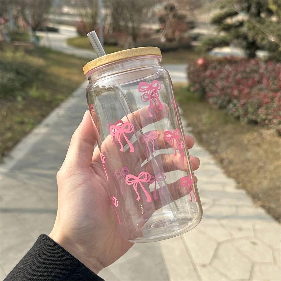 1pc 16oz Pink Bow Plastic Tumbler with Bamboo Lid And Straw